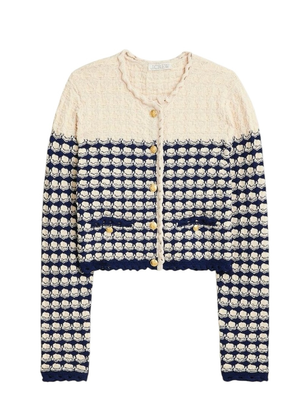 J. Crew Textured Crochet Lady Jacket Size Large Navy Cream Workwear Office